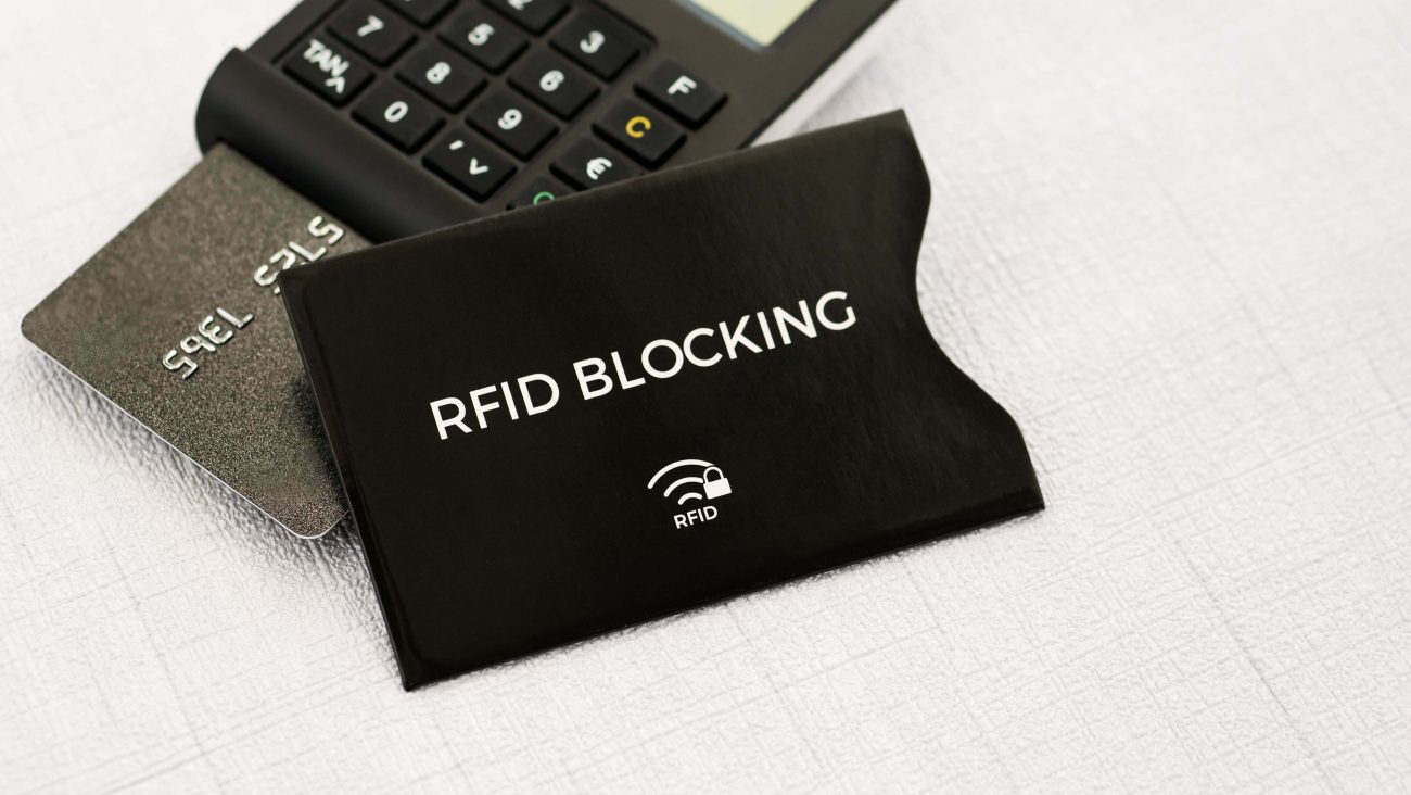 RFID blocking image with a protector and card reader in the background